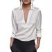 A Simple V-Neck Long-Sleeved Shirt With A Solid Color For Autumn Style, Suitable For Women_ecoleips.com