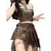 Fashion Hot Girl Style Halter Neck Leather Top + Design Sense Irregular Slimming Skirt Two-Piece Set For Women_ecoleips.com