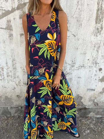 2025 Spring/Summer New Women's Fashion V-neck Loose Pocket Printed Tank Top Dress_ecoleips.com