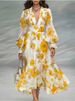 Elegant Retro Floral Print Chiffon Midi Dress With V-Neck & Flutter Sleeves – Feminine & Timeless For Women_ecoleips.com