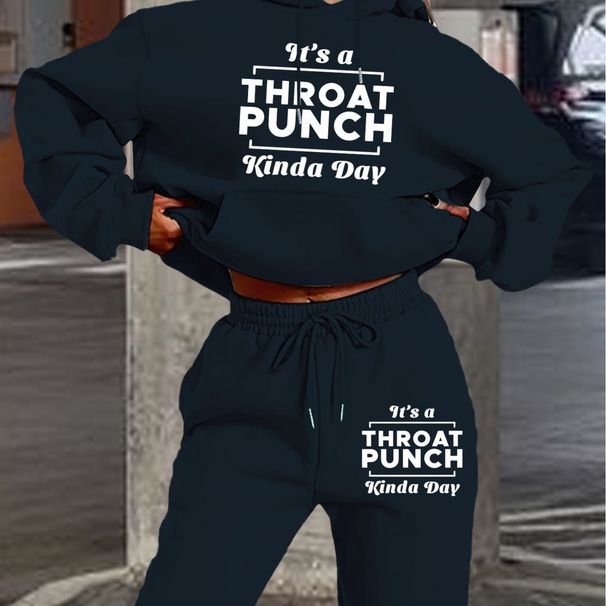 Women's Autumn And Winter Casual Fashion THOAT PUNCH Letter Printed Thick Fleece Warm Hooded Sweatshirt+sports Pants Set-740_ecoleips.com