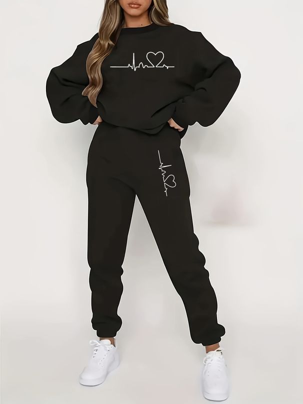 Women's Autumn And Winter Hip-hop Casual Street Electrocardiogram Pattern Printed Round Neck Sports Shirt+sports Pants Set-515_ecoleips.com