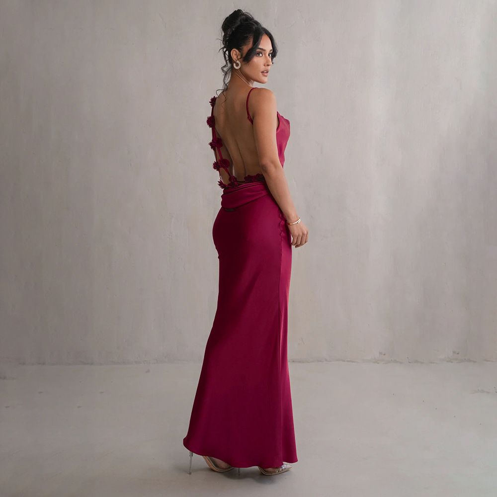Elegant Backless Summer Dress For Women -Sleeveless V-Neck Slit Maxi Dress With Adjustable Straps, Lightweight Polyester, Perfect For Evening Parties_ecoleips.com