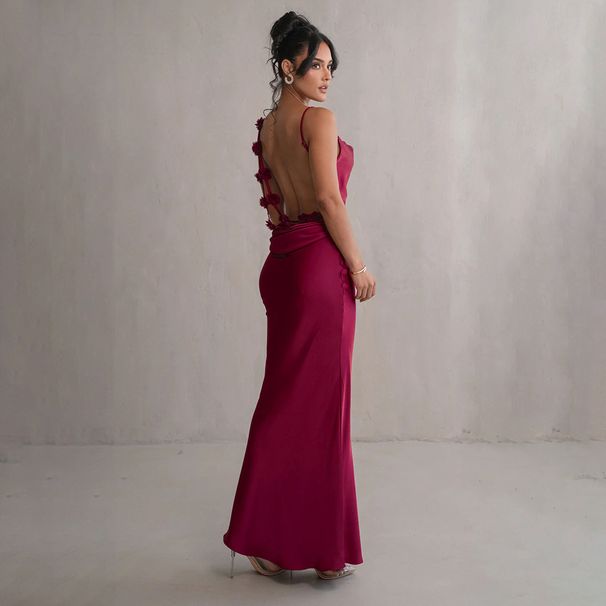 Elegant Backless Summer Dress For Women -Sleeveless V-Neck Slit Maxi Dress With Adjustable Straps, Lightweight Polyester, Perfect For Evening Parties_ecoleips.com