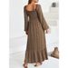 Women's Floral Print Chiffon Lantern Long Sleeve U Neck High Waist Panel Maxi Dress – Casual Fall Resort Gown_ecoleips.com