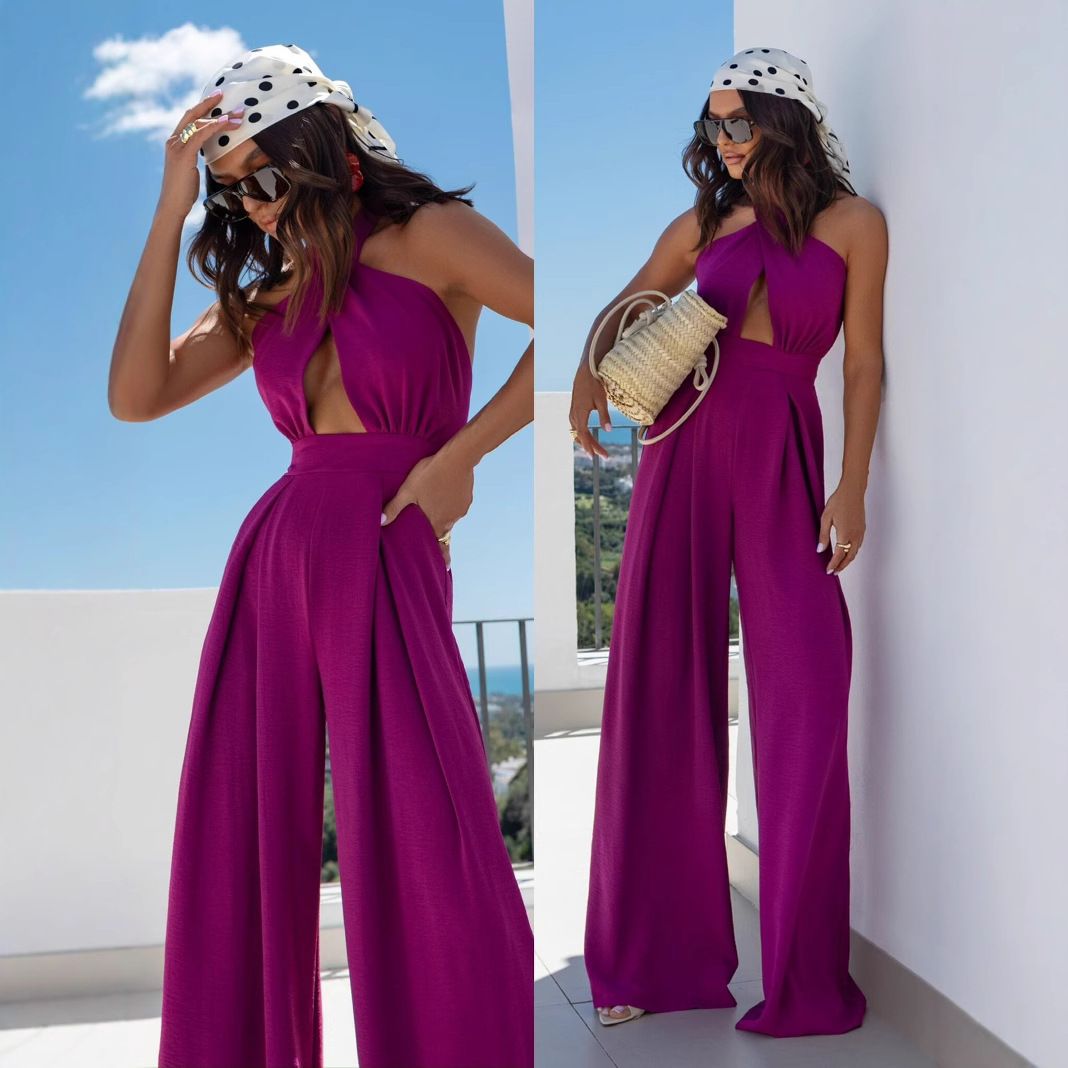 Women's Clothing Summer New Halter Neck Waist Sexy Solid Color Jumpsuit Wide Leg Pants_ecoleips.com
