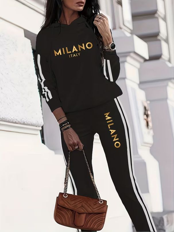 Women's Casual Vacation Fashion Set Spring Summer Gold Milan Print Hooded Long Sleeved Pants Two Piece Outfit_ecoleips.com