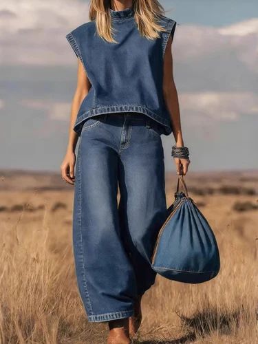 Fashionable Sleeveless Vest Top Wide Leg Denim Two Piece Set For Women New American Style_ecoleips.com