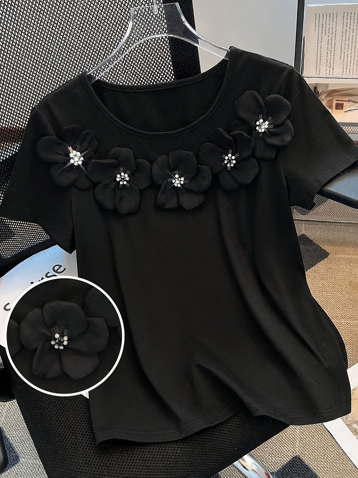 Summer New Women's Round Neck Fitted Casual T-Shirt 3D Floral Design Loose Top_ecoleips.com