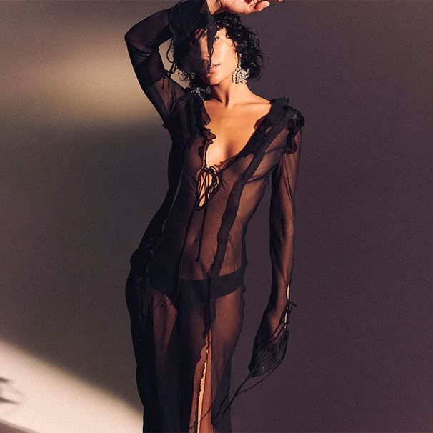 TARUXY Elegant Beach Cover-Up Dress Women Sexy Deep V-Neck Sheer Ruffles Slit Lace Up Maxi Dress Spring Summer Party Club Dress_ecoleips.com