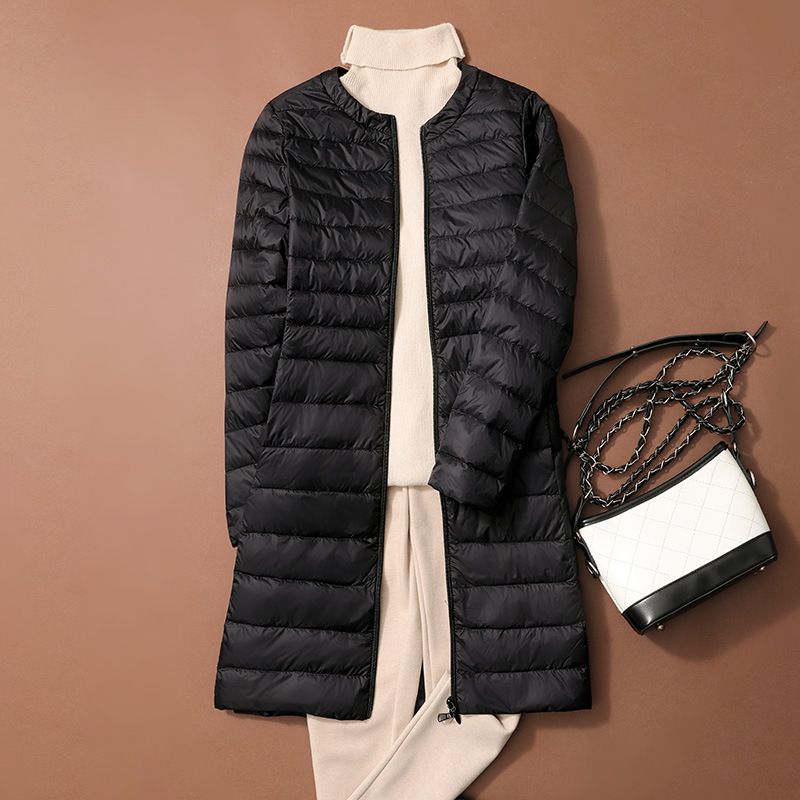 Lightweight Long Down Jacket For Women, Slim Fit Mid-Length Winter Coat, Hoodless Quilted Puffer Jacket With Pockets, Casual & Commuting Outerwear_ecoleips.com