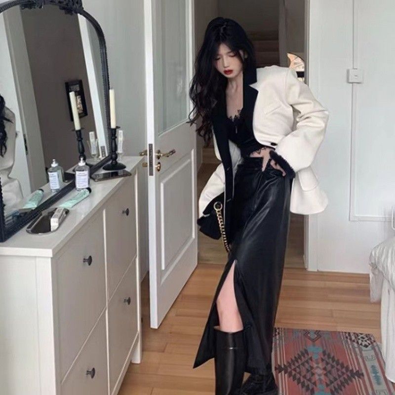 High-End Collar Blazer Women Black And White Patchwork Casual Suit Split Leather Skirt Two-Piece Set_ecoleips.com