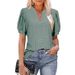 Breathable V-Neck Bubble Sleeve Top With Lace-Up Detail - Lightweight Loose Fit T-Shirt For Women Comfortable Loose Fit_ecoleips.com