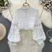 Women Standing Collar Hollowed Out Lace Top Two-piece High Waisted Skirt_ecoleips.com