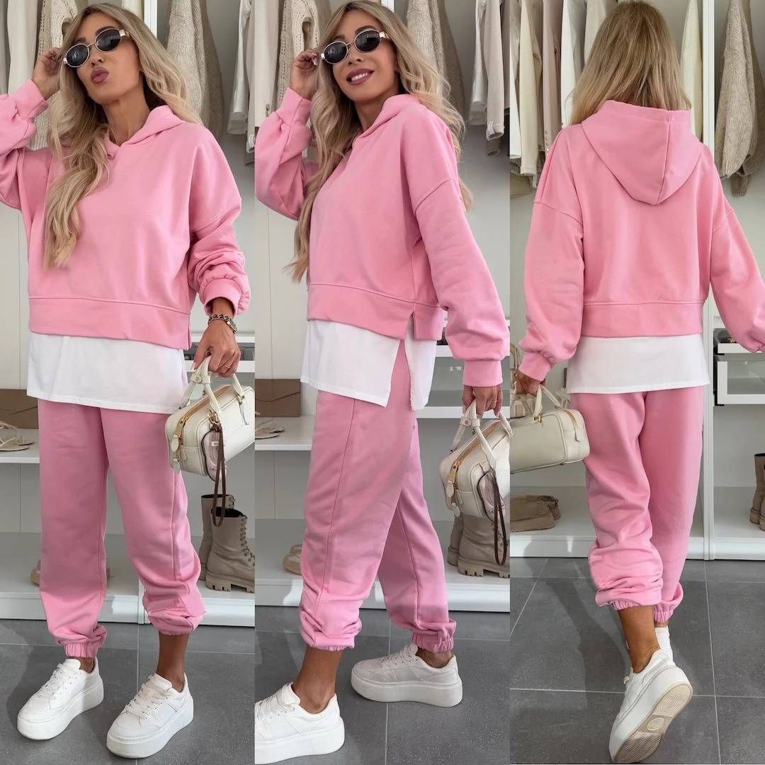 Women's Clothing Casual Color Matching Women's Suit Loose Long Sleeved Fake Two Piece Sweatshirt Sports Trousers Two Piece Suit Female_ecoleips.com