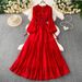 Elegant French Lace Embellished Lantern Sleeve Dress With Smocked Waist & Flared Hem For Women_ecoleips.com