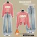 Women's Casual Letter Print Mock Two-Piece Top With Elastic Waist Light Blue Jeans Set - Stylish High Neck Pullover & Relaxed Fit Denim Pants_ecoleips.com