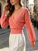 Women Wrap V Neck Ribbed Knit Top Loose Long Sleeve Lightweight Hollow Texture Breathable Skin-friendly Crop Knit Blouse_ecoleips.com