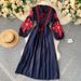 Bohemian Ethnic Style Long Dress for Women round Neck Lantern Sleeve Embroidered Floral Loose Slimming Versatile Dress Free Shipping_ecoleips.com