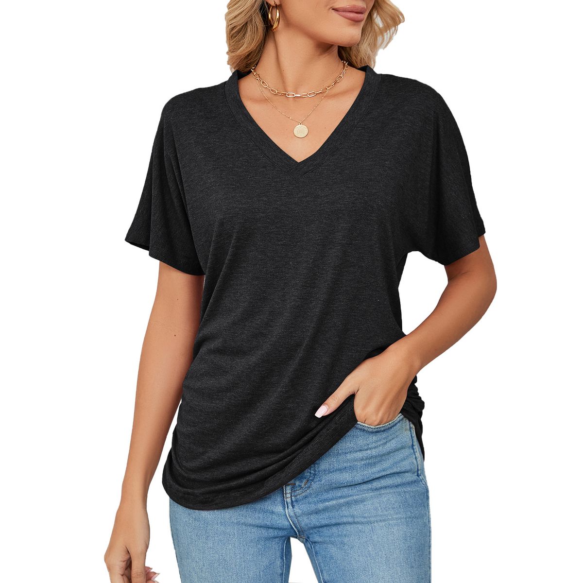 2026 European And American Cross-Border Trade Summer New Casual Pullover V-Neck Solid Color Loose T-Shirt Women's_ecoleips.com