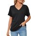 2026 European And American Cross-Border Trade Summer New Casual Pullover V-Neck Solid Color Loose T-Shirt Women's_ecoleips.com