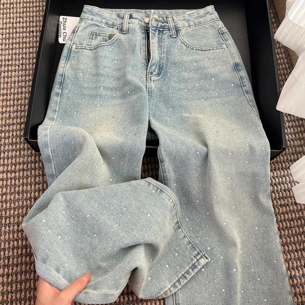Women's High-Waisted Wide Leg Jeans Rhinestone Design Loose Fit Slimming Heavy Duty Straight Leg Pants For Autumn_ecoleips.com