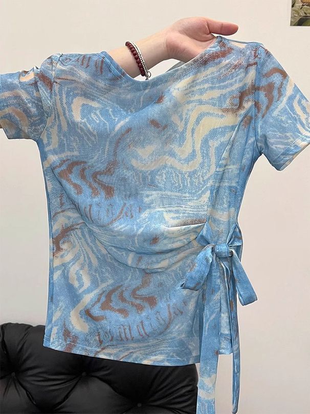 Vintage Tie-Dye Mesh Sunscreen Shirt For Summer Vacation, Irregular Drawstring Long Sleeve Top, Stylish T-Shirt A10676_ecoleips.com