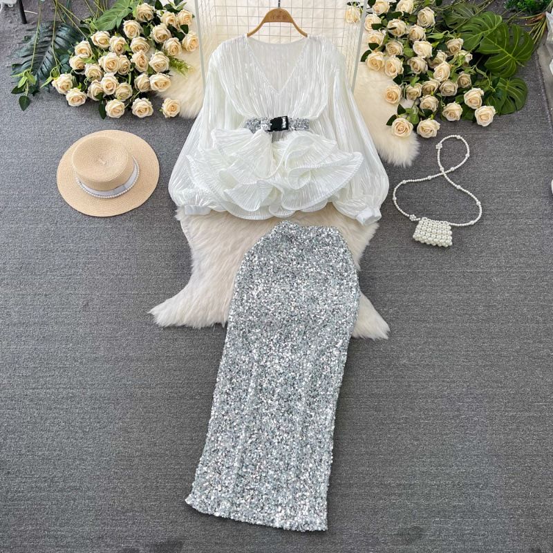 Women's fashion set female socialite temperament lantern long sleeve V-neck lotus leaf bright face shirt women's high waist sequin skirt_ecoleips.com