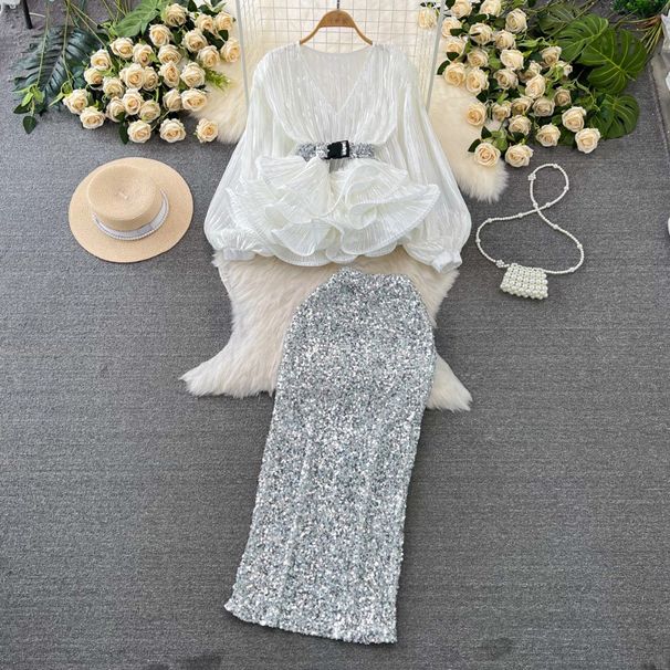 Women's fashion set female socialite temperament lantern long sleeve V-neck lotus leaf bright face shirt women's high waist sequin skirt_ecoleips.com