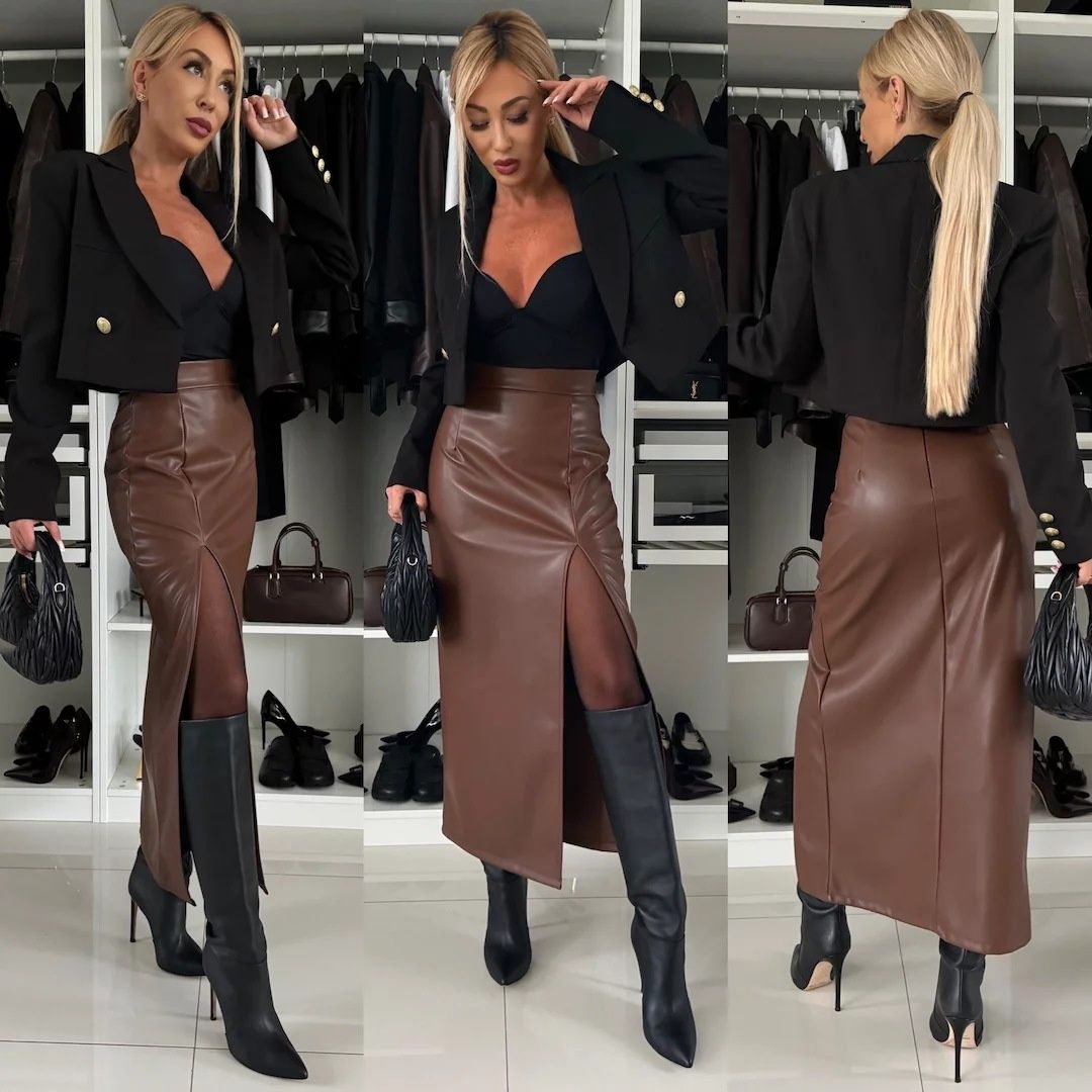 "High-Waisted Faux Leather Wrap Skirt For Women – Sexy Side Slit Pencil Skirt (S-XL, Black/Brown/Red, Vegan Leather, Bodycon Fit)"_ecoleips.com