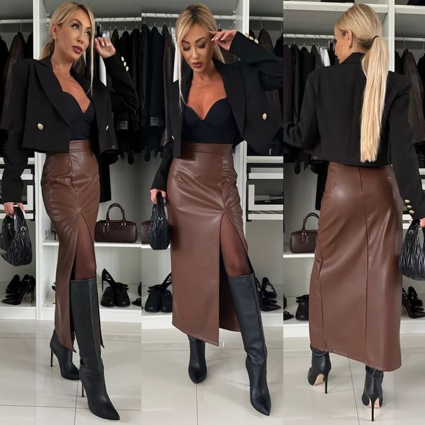 "High-Waisted Faux Leather Wrap Skirt For Women – Sexy Side Slit Pencil Skirt (S-XL, Black/Brown/Red, Vegan Leather, Bodycon Fit)"_ecoleips.com
