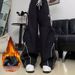 Korean-American Vintage Fleece Set (Oversized Hoodie + Striped Work Pants, Unisex Winter Loungewear For Street Snap)_ecoleips.com