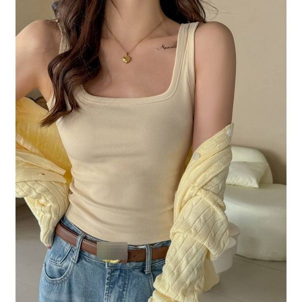 Women's Ribbed Cotton Square Neck Slim Fit Tank Top Versatile Basic Style for Spring/Summer Regular Fit Inner Or Outer Layer_ecoleips.com
