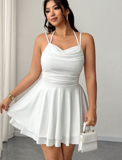 Curvy White Halter Backless Ruched Mini Dress, Summer Birthday Concert Night Party Gown_ecoleips.com