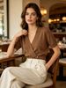 English: French Elegant V - Neck Crossover Design Double - Row Gold Button Short - Sleeve Knit Top_ecoleips.com