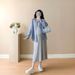 Spring New Korean Fashion Gray Knitted Camisole Dress + Blue Plaid Shirt Two-Piece Set For Pregnant Women_ecoleips.com