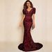 2025 Spring Summer New Fashion V-neck Bodycon Sequin European And American Style Dress Mid-waist Lantern Sleeve Long_ecoleips.com