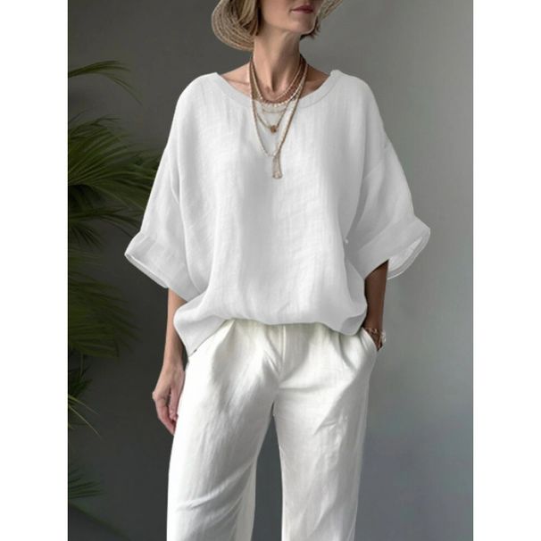 2026 Solid Color Comfortable And Casual Versatile Crew Neck Cotton And Linen Shoulder Loose Large Size Women's Clothing_ecoleips.com