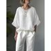 2026 Solid Color Comfortable And Casual Versatile Crew Neck Cotton And Linen Shoulder Loose Large Size Women's Clothing_ecoleips.com