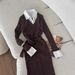 Oversized Knit Dress With Belted Waist & Shirt Collar | Fall 2025 Casual Tunic Sweater Dress (XS-XXXL, Coffee/Beige, Poly-Spandex Blend)_ecoleips.com