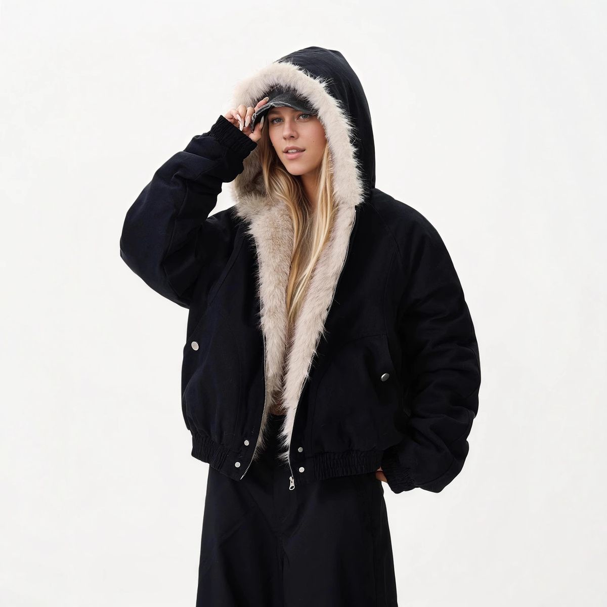 American Retro Mountain Carving Fur Collar Hooded Jacket Thickened Cold-proof Top Tide_ecoleips.com