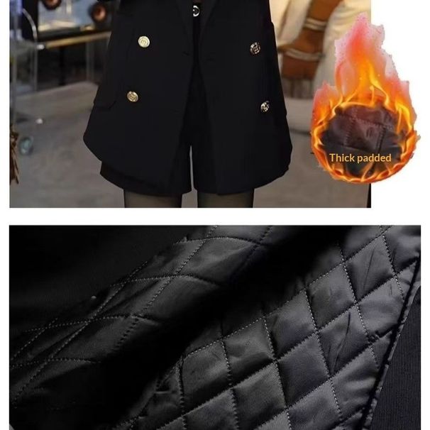 Black Double-breasted Quilted Thickened Blazer For Women, New Autumn Winter Style, Elegant And Slimming, Versatile Small_ecoleips.com