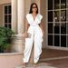 TW897 Elegant Women's Summer Commuter Set Deep V Neck Tie Waist Slim Fit Solid Color European American Style High End Two Piece Outfit_ecoleips.com