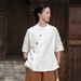 26 Summer New Chinese Style Stand Collar Asymmetrical Button Contrast Color Cotton Linen Zen Tea Shirt Women's Short_ecoleips.com