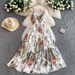 Women's French Style Floral Print V Neck Dress Sweet Forest Theme Slimming Waist Ruffled Long Skirt For Resort Wear Spring Autumn_ecoleips.com
