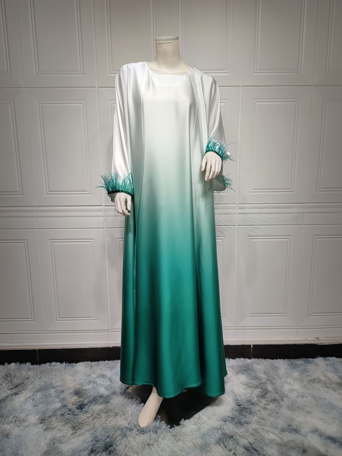 MQ060 Dubai Malaysia Solid Gradient Fashion Feather Abaya Two Piece Dress_ecoleips.com