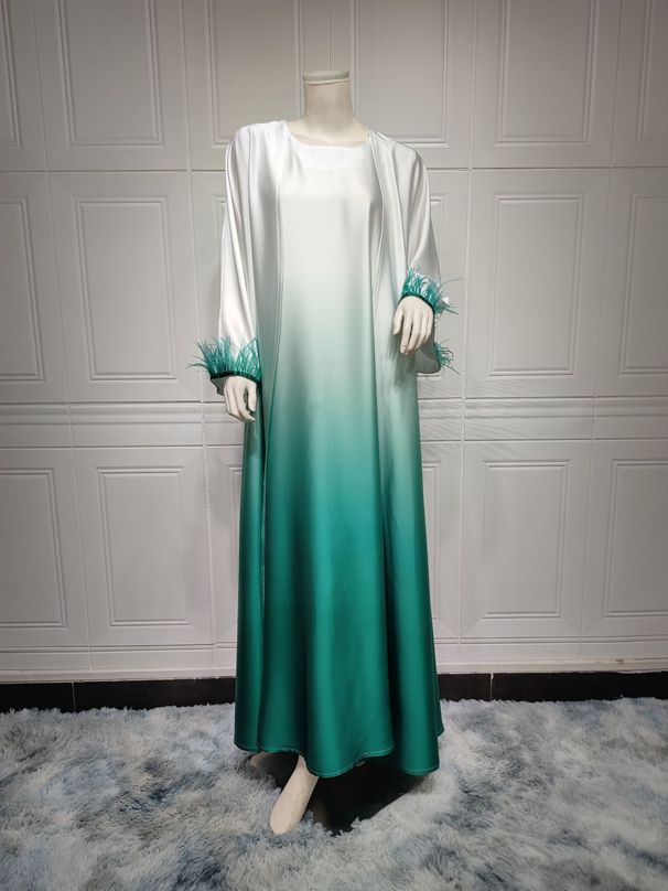 MQ060 Dubai Malaysia Solid Gradient Fashion Feather Abaya Two Piece Dress_ecoleips.com