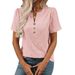 Floral Jacquard Short Sleeve Button Front T-Shirt For Women, Summer Casual Round Neck Blouse Top_ecoleips.com