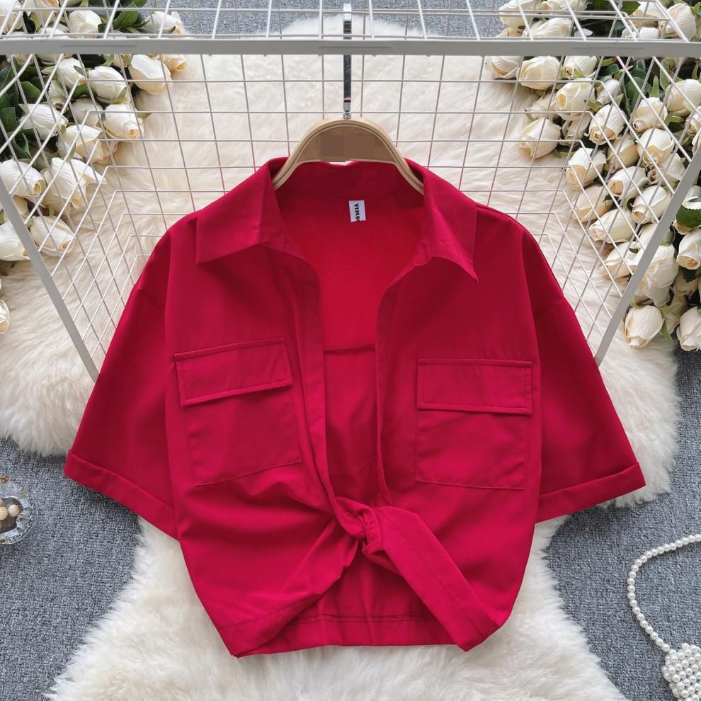Women's Clothing Lapel Short Sleeved Shirt Summer V Neck Twist Design Shirt_ecoleips.com
