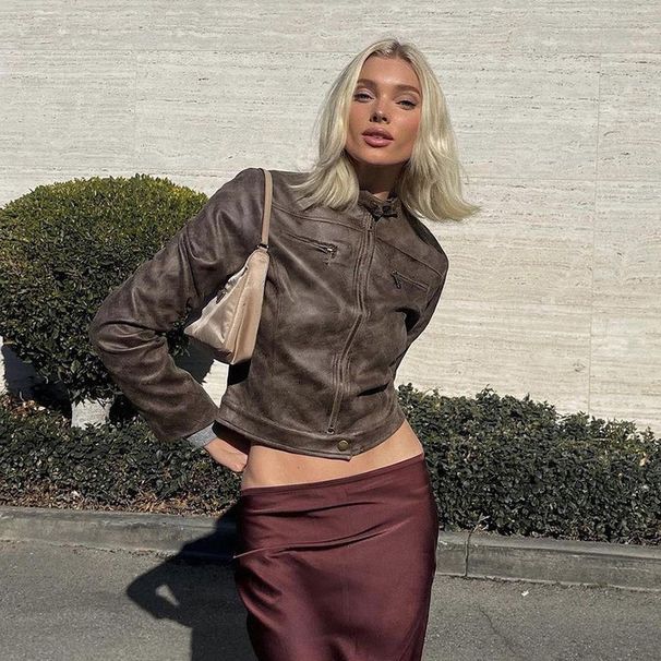 Vintage-Inspired Distressed PU Leather Jacket – Cropped Cafe Brown Biker Style (Stand Collar Retro Outerwear For Women)_ecoleips.com